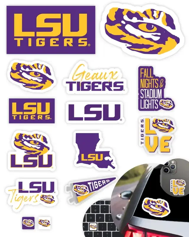 Lsu Tigers Stickers (14 Stickers) 2 Large 5‘‘ For Car Windows 10 Medium 2.5‘‘ For Water Bottles Laptops Phones And 2 Mini Keyboa