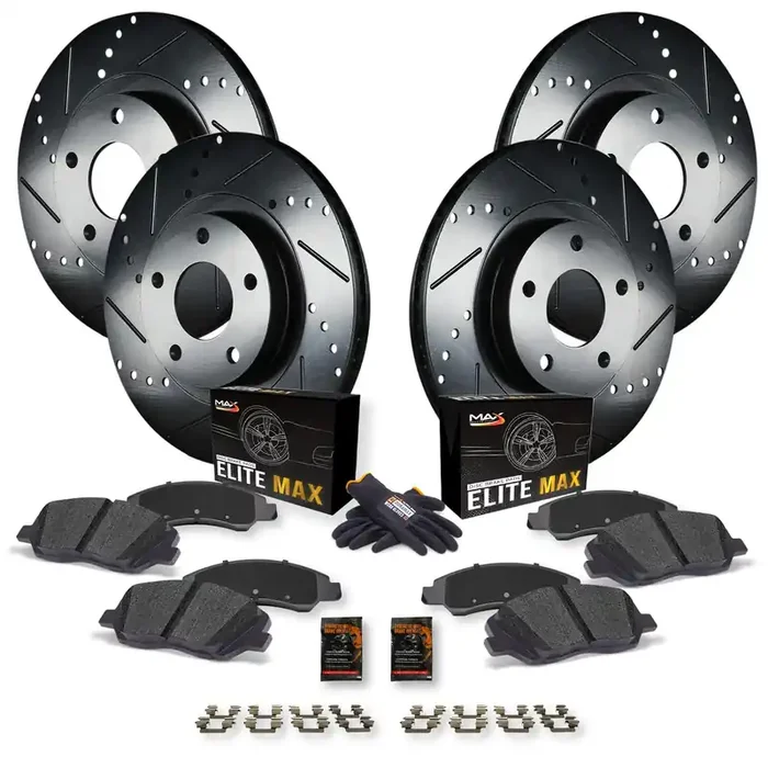 Max Advanced Brakes Front & Rear Brake Kit For 2006-2021 Dodge Charger Challenger Chrylser 300 V6 W/12.60‘ Front Rotor Replacement Drilled Slotted Black Coated Disc Brake Rotors And Ceramic Brake Pads