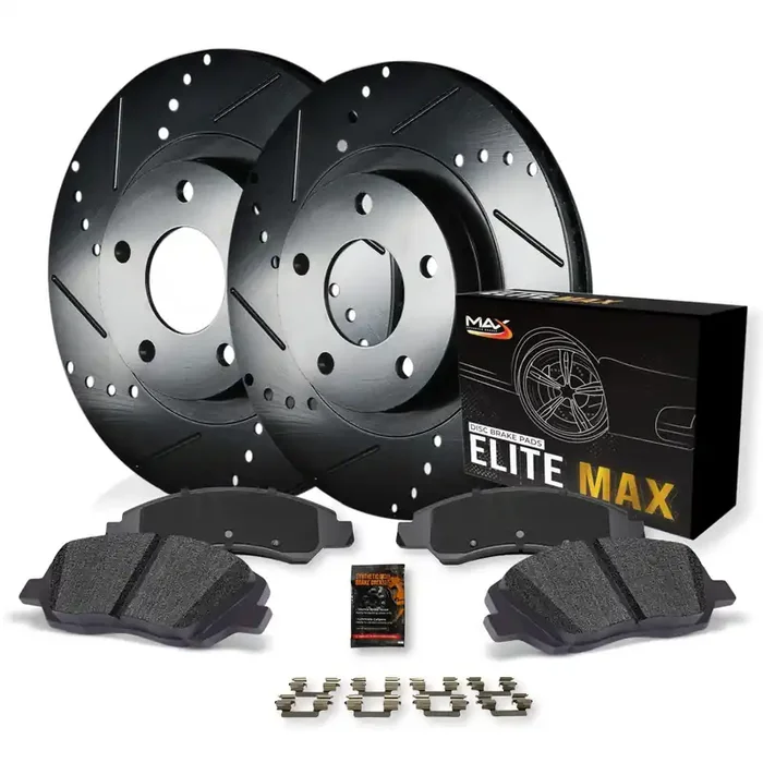Max Advanced Brakes Front Brake Kit For 2008-2019 Toyota Highlander 2011-2020 Sienna 2010-2015 Lexus Rx350 Replacement Drilled Slotted Black Coated Disc Brake Rotors And Ceramic Brake Pads