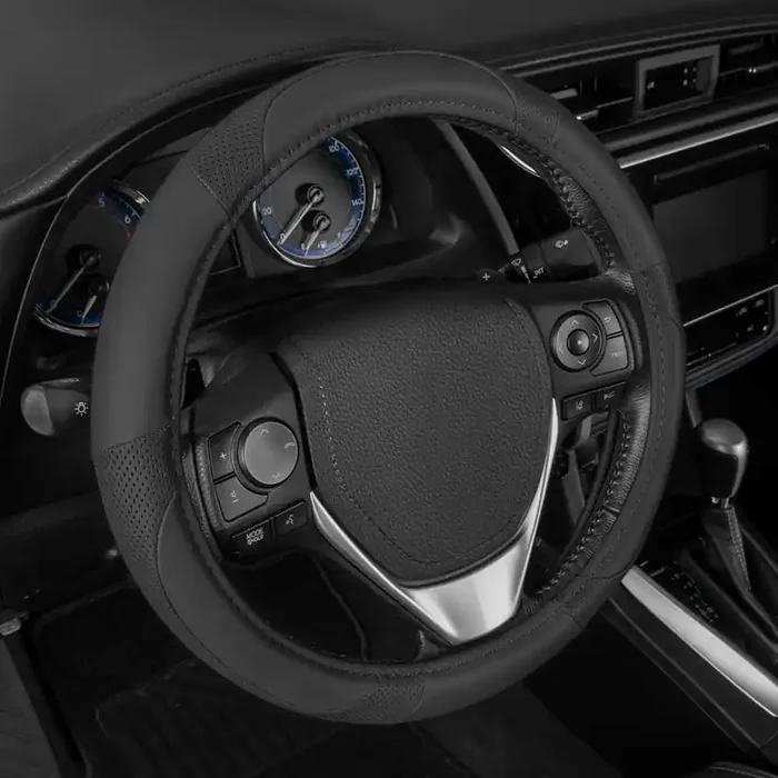 Motor Trend Perforated Microfiber Leather Steering Wheel Cover For Cars Trucks Suvs Vans, Sporty Racing Improved Grip Anti-Fatigue Ergonomic Design, Airbag Compatible – Fits Standard 15‘ Inch – Black