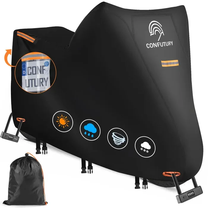 Motorcycle Covers Waterproof Outdoor Storage,600D Nano Oxford Fabric With License Plate Window,4 Reflective Strips,2 Locking Holes,3 Windproof Buckles & Storage Bag(2Xl 90” X 37” X 50”)