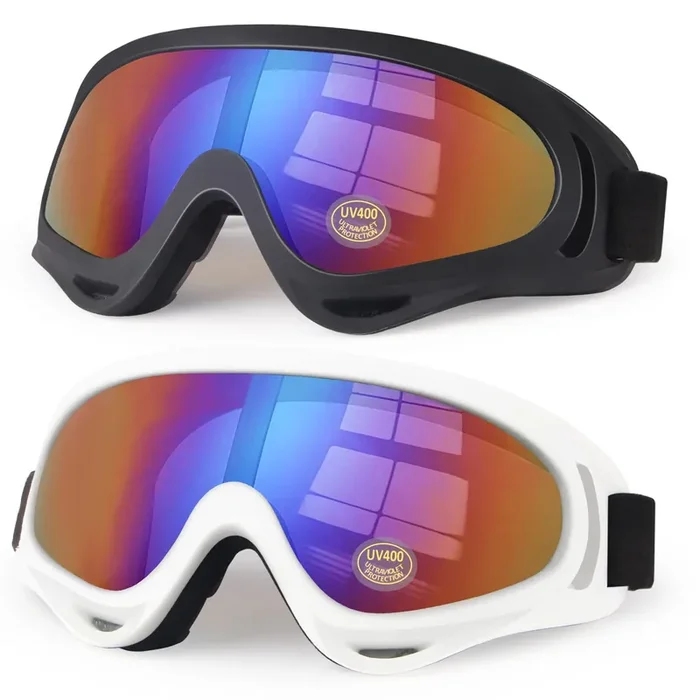 Motorcycle Goggles Kids, 2 Pack Dirt Bike Atv Motocross Goggles Ski Goggles, Off Road Riding Goggles For Child, Anti-Uv Dust Airsoft Glasses For Men Women Youth Adults (White+Black Frame/Color Lens)