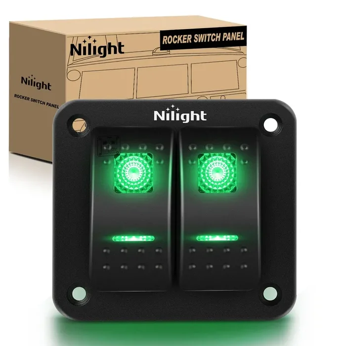 Nilight 2 Gang Rocker Switch Panel 12V 24V Dc Green Switches Aluminum Panel 5Pin On Off Prewired Toggle Switch Panel Waterproof