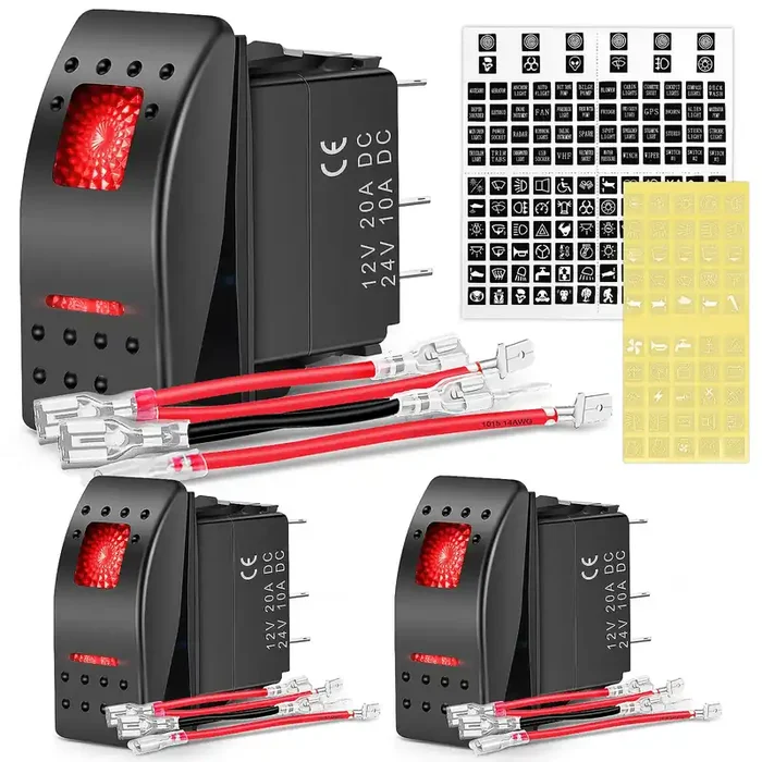 Nilight 3 Pack Rocker Switches With Night Glow Diy Stickers On Off 5 Pin Spst Led Light Switches With Red Backlit 12V/24V Toggle