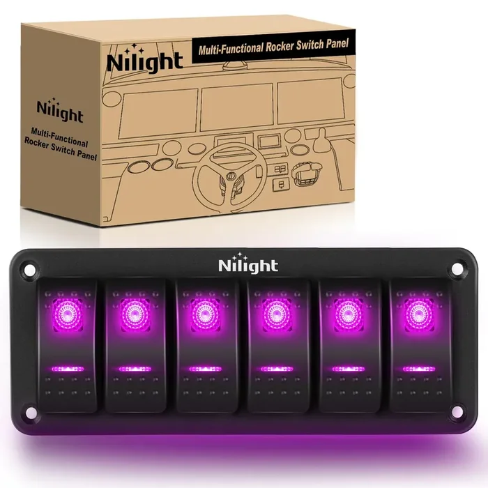 Nilight 6 Gang Rocker Switch Panel With Purple Led Light 5 Pin On Off Pre-Wired Rocker Switch Aluminum Panel Toggle Switch Panel