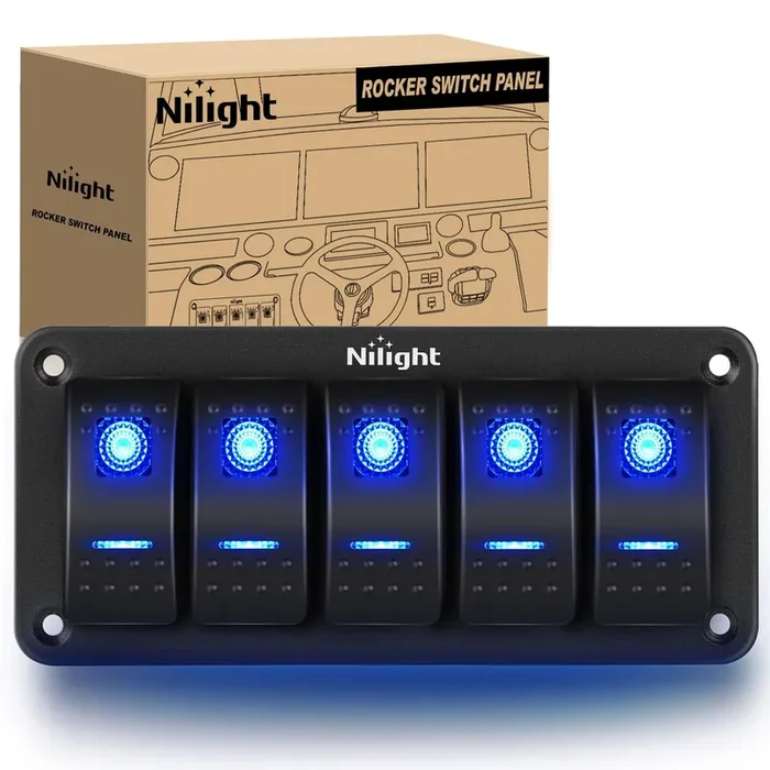 Nilight – 90110E 5 Gang Aluminum Rocker Switch Panel Toggle Dash 5 Pin On/Off Pre-Wired Rocker Switch Blue Backlit Switch For Au
