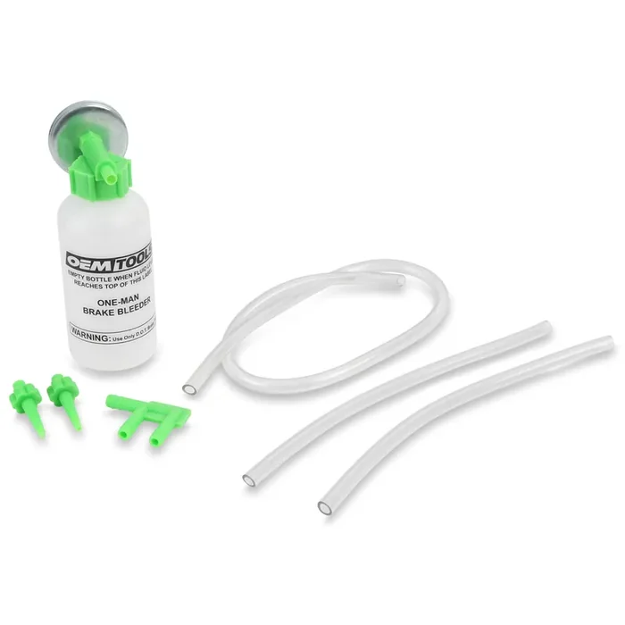 OEMTOOLS Brake Bleeder Kit 25036 – One-Man, Opaque Bottle, Transparent Hoses, Tapered Fittings, 2 oz, Green – No Mess Fluid Bleeding