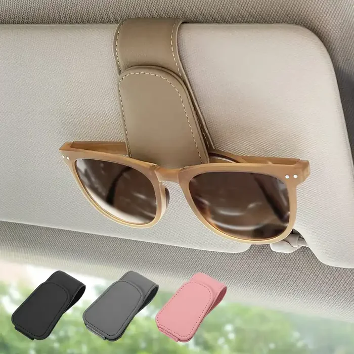 Ompellus Magnetic Leather Sunglass Holder, Eyeglass Hanger Clip For Car Sun Visor, Suitable For Different Size Eyeglasses (Beige