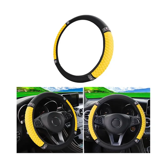 Osilly Bling Car Steering Wheel Cover, 15 Inch Rhinestones Soft Leather Elastic Steering Wheel Protector, Sparkly Crystal Diamon