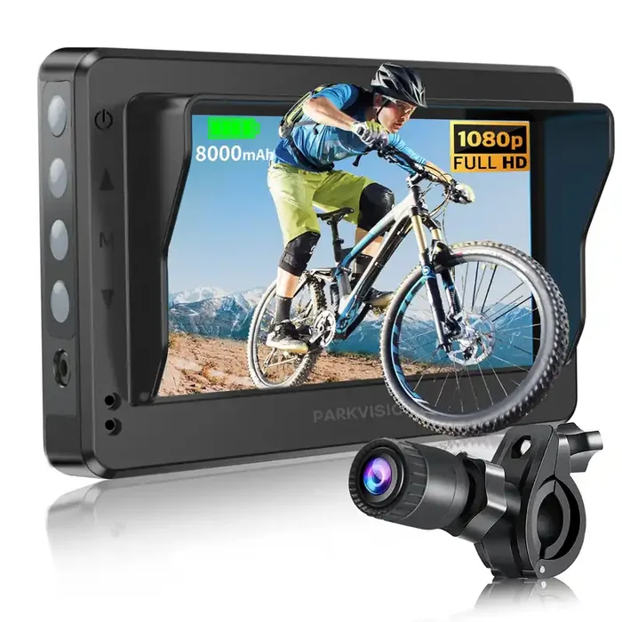 Parkvision Bicycle Rear View Camera With Anti-Glare Sunshade -4.3‘‘Waterproof Hd 1080P Monitor With Auto Dim -8000Mah Rechargeab