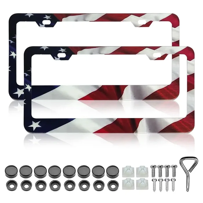 Patriotic American Flag License Plate Frame Holder – 2 Pack Universal Quality Metal Aluminum Matte Stripe Us Flag Gloss Car Plat