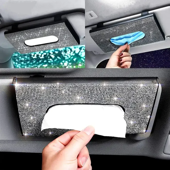 Perfect Valentine‘S Day Gift For Her, Sparkling Luxury Car Sun Visor Tissue Box Holder – Handmade Pu Leather With Bling Crystal