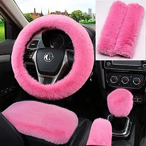 Pinbola 6Pcs/Set Soft Fluffy Faux Wool Steering Wheel Cover & Seatbelt Shoulder Pads & Handbrake Cover & Gear Shift Cover Winter