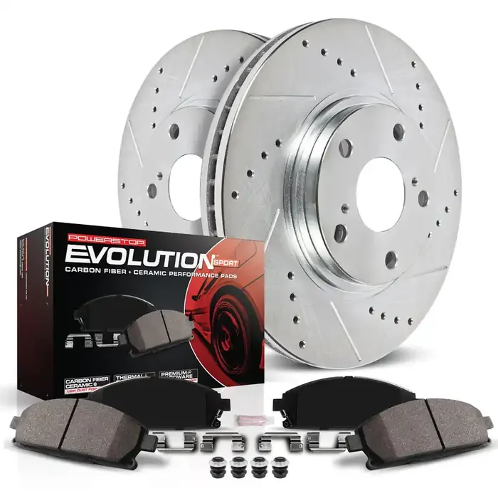 Power Stop Front K1043 Ceramic Brake Pad And 282Mm Drilled And Slotted Brake Rotors Brake Kit For 2003-2012 Honda Accord 2013-