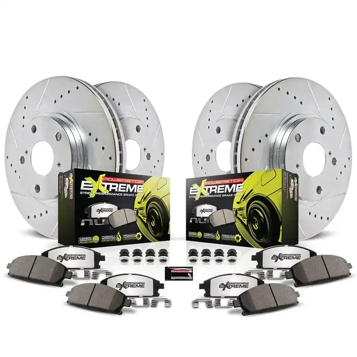 Power Stop K2853-26 Front And Rear Z26 Carbon Fiber Brake Pads With Drilled And Slotted Brake Rotors Kit For Chrysler 300 Dodge