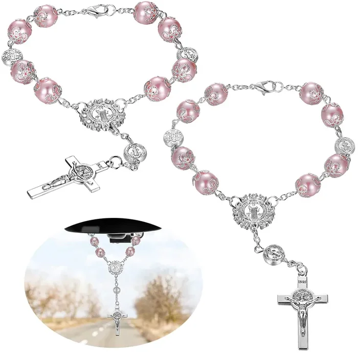 Saint Benedict Car Rosary 2 Pcs Rearview Mirror Auto Rosary Hanging Personalized Car Cross Blessing Catholic Car Medal For Truck Bike Motorcycle Car Mirror Hanging Accessories Decors (Pink)