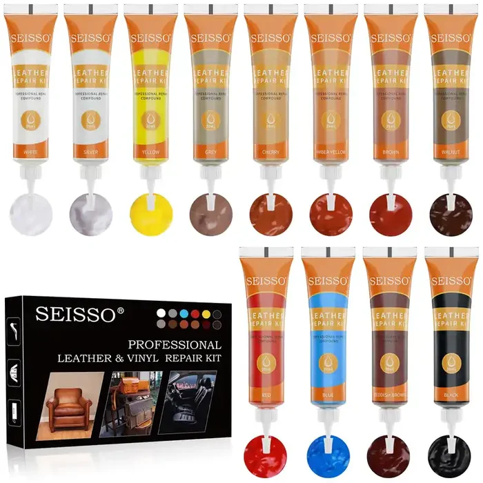 SEISSO 12 Colors Leather Repair Kit – Restore Furniture, Car Seats, Couches, Shoes, Vinyl, Genuine Italian Leather, Paint for Scratches & Tears