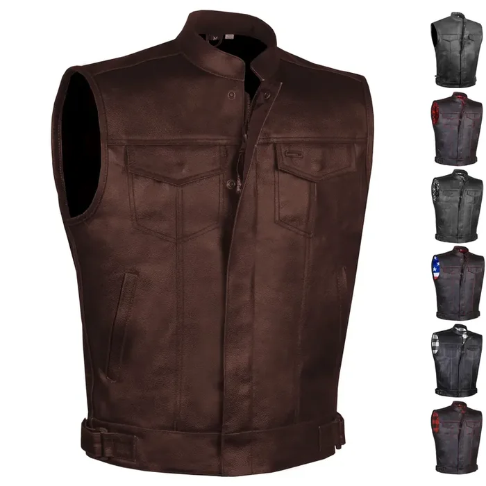 Soa Men‘S Premium Leather Motorcycle Vest With Biker Club Concealed Carry Gun Pockets W/Armor Coffee Brown 3Xl