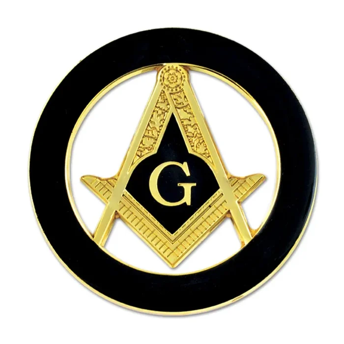 Square & Compass Round Masonic Auto Emblem – [Black & Gold][3‘‘ Diameter]