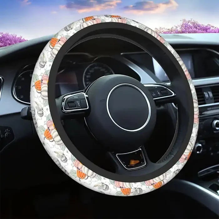 Swono Car Steering Wheel Covers Pumpkins, Watercolor Thanksgiving Food Halloween Pumpkins Universal For Women Girls Soft Neopren