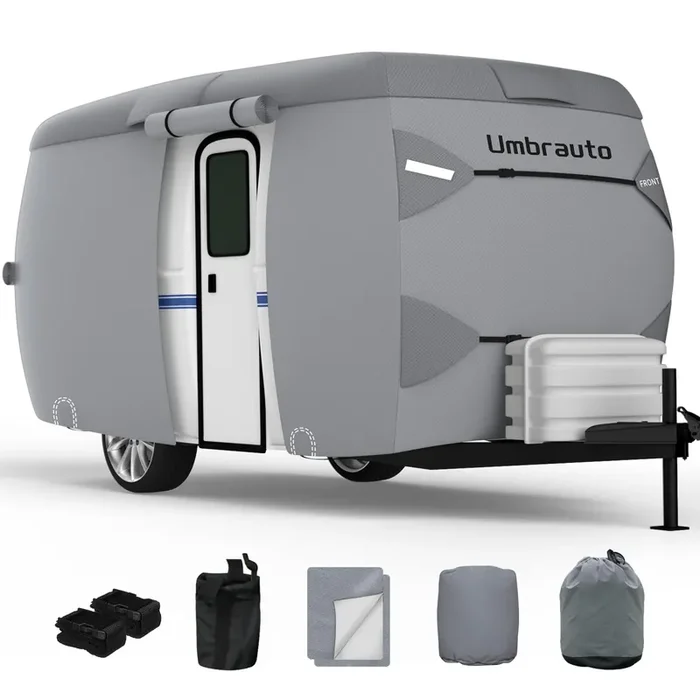 Umbrauto Fiberglass Travel Trailer Cover Fits 11‘-13‘ Trailers, 2023 Upgraded 7 Layers Top Camper Rv Cover With Windproof Strap,
