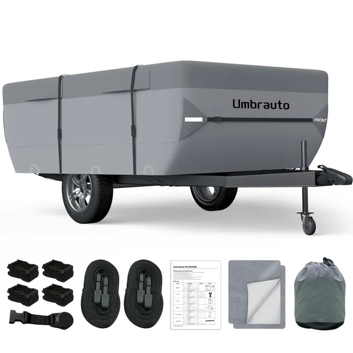 Umbrauto Pop Up Folding Camper Cover Fits 12‘-14‘, Upgraded 7 Layers Top Tent Trailer Cover Waterproof Extra Thick Polypropylene