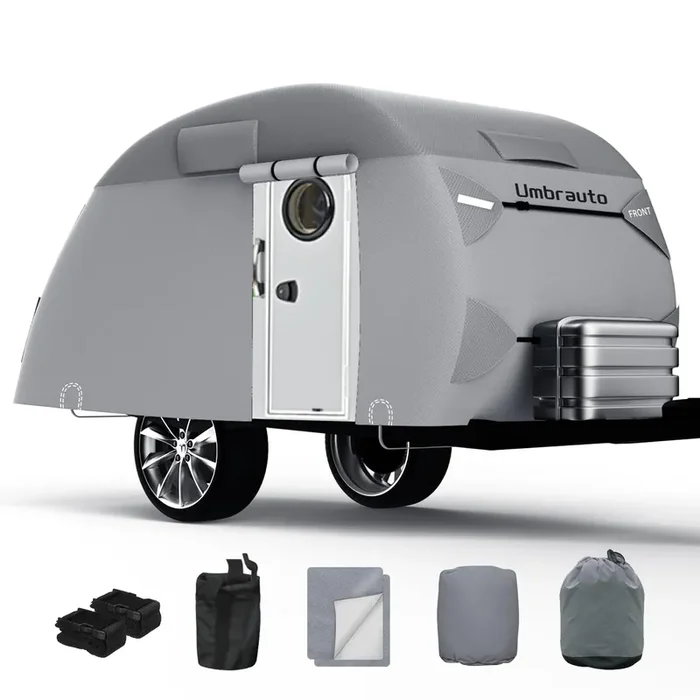 Umbrauto Teardrop Travel Trailer Cover Fits 8‘-10‘ Trailers, 7 Layers Top Heavy Duty Waterproof Camper Cover With Windproof Stra