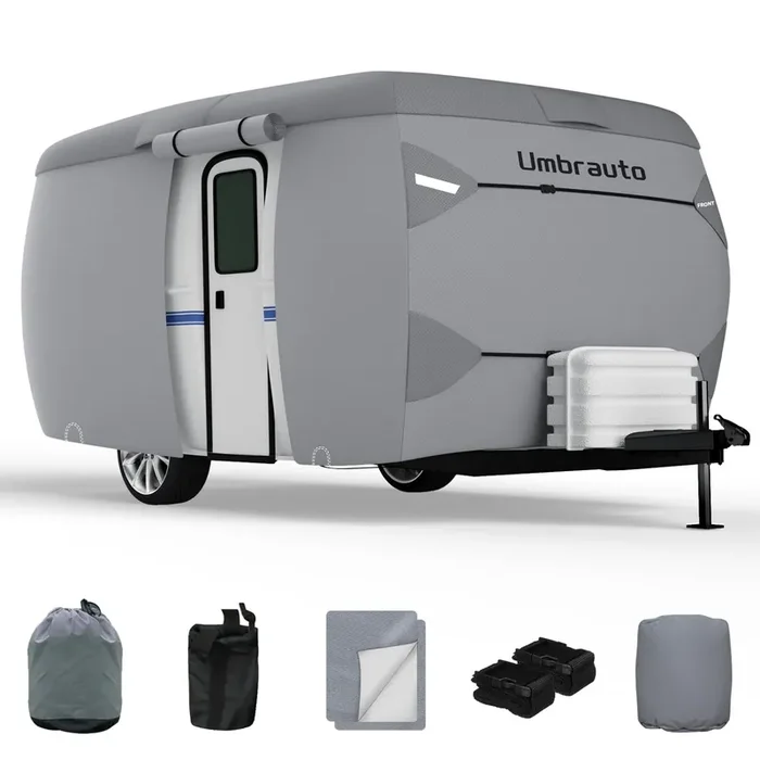 Umbrauto Upgraded Fiberglass Travel Trailer Cover Fits 8‘-10‘ Trailers, Windproof 7 Layers Top Camper Rv Cover With Windproof St