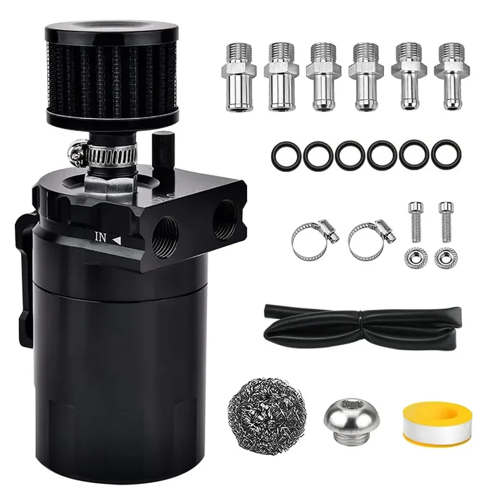 Universal Baffled Oil Catch Can 300Ml Aluminum Polish Oil Separator Catch Can Kit Reservoir Tank With Breather Filter & 3/8‘ Fuel Line/6 Fittings/Necessary Accessories,Black
