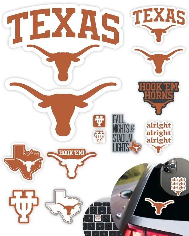 University Of Texas Stickers (14 Stickers) 2 Large 5‘‘ For Car Windows, 10 Medium 2‘‘ For Water Bottles Phones, 2 Mini Keyboard