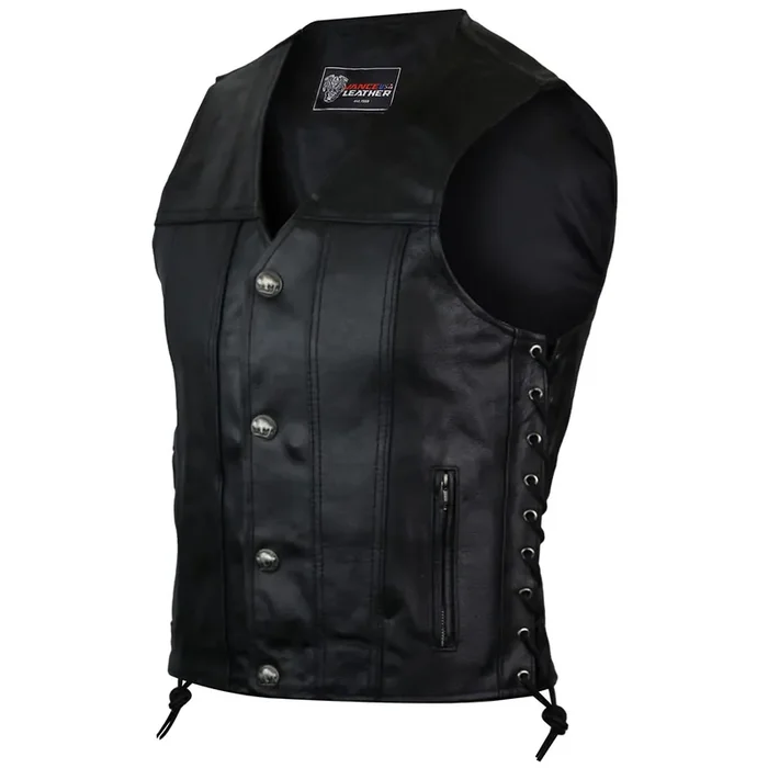 Vance Men‘S Black Straight Bottom Leather Motorcycle Vest (M)