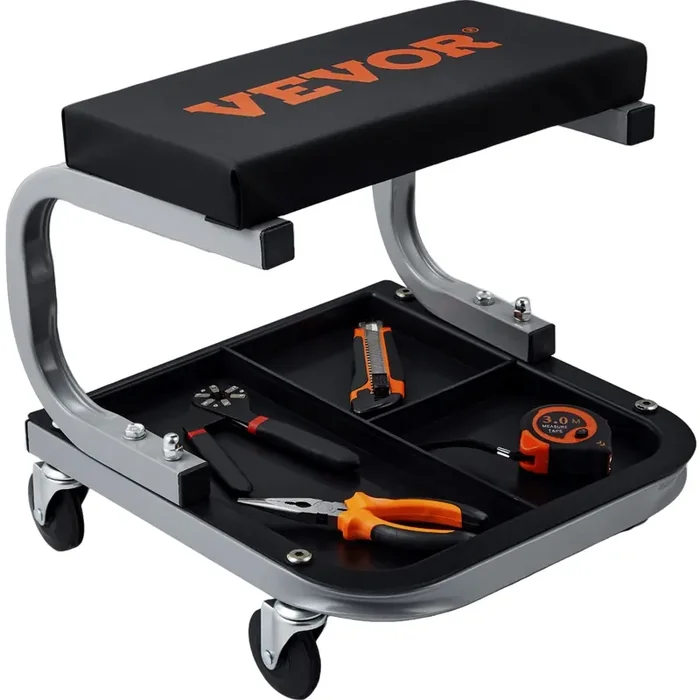 Vevor Rolling Creeper Garage/Shop Seat, 250 Lbs Capacity Padded Rolling Workshop Stool With Tool Tray Storage, Mechanic Stool For Garage, Shop, Auto Repair, Black