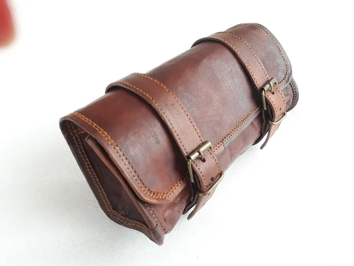 Vintage Motorcycle Genuine Goat Leather 2 Strap Buckle Closure Tool Brown Bag Quick Release Clasp Reinforced For Handlebars,Forks, Sissy Bar – 10‘