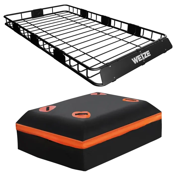 Weize Heavy Duty 64‘‘X 39‘‘ Roof Rack, Rooftop Cargo Carrier Basket With Waterproof Bag, Tie Down Strap & Net, Car Top Luggage H