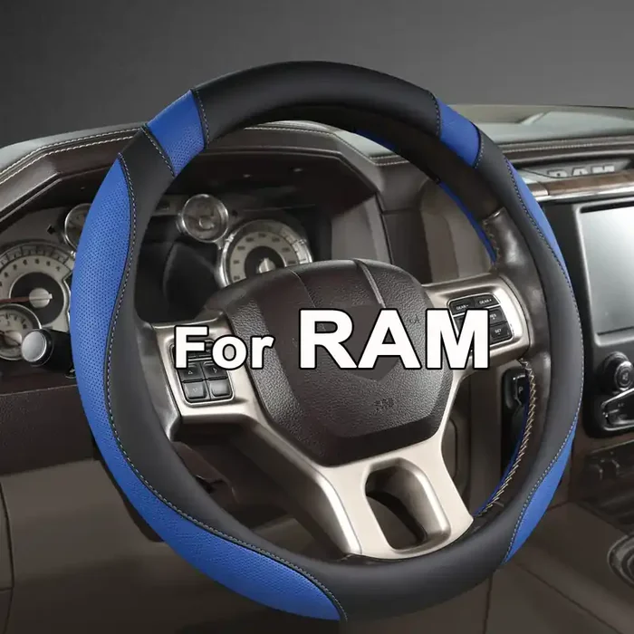 West Llama Customized Auto Car Steering Wheel Cover For Dodge Ram 1500 2500 3500, 15.5-16 Inch (Black+Blue-Large Size)