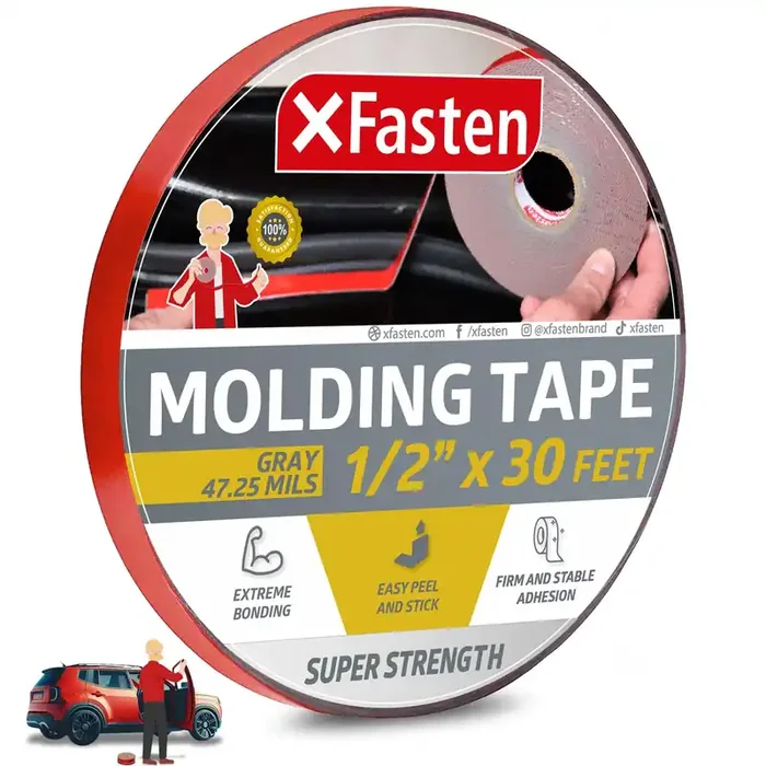 Xfasten Super Strength Automotive Molding Tape, Gray, 1/2-Inch X 30-Foot, Double Sided Exterior Mounting Tape For Auto Body Molding, Trim, Side Mirror, Emblem, Nameplate And Outdoor Applications
