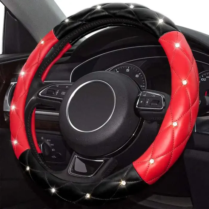Xizopucy Black Red Steering Wheel Cover, Universal Car Steering Wheel Protector With Crystal Rhinestones Anti-Slip Soft Interior