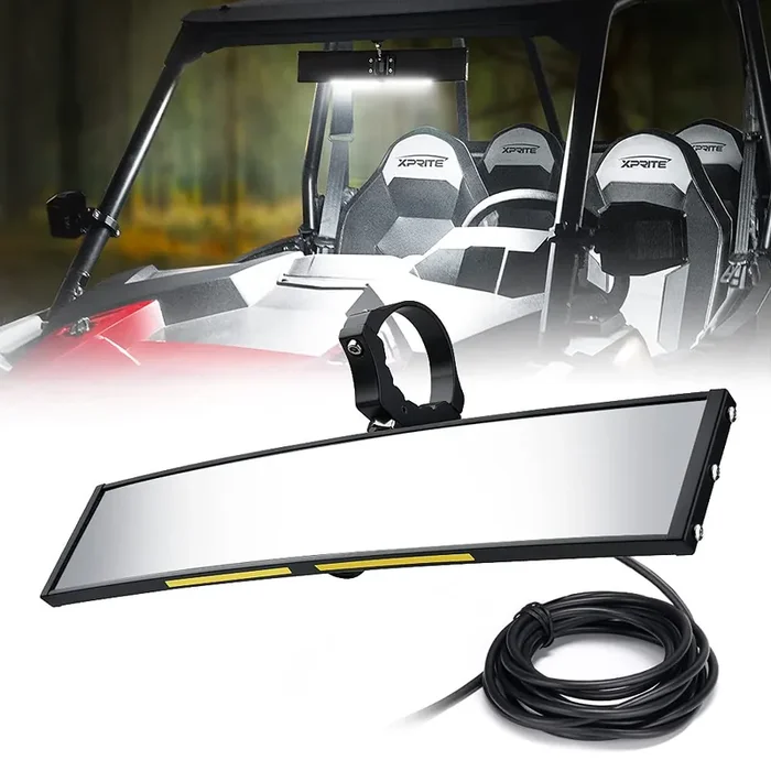 Xprite 13‘ Aluminum Utv Rear View Center Mirror W/Interior Lights, Curved Rearview Mirror Fits 1.75‘ – 2‘ Mount For Polaris Rzr Sxs Can-Am X3 Arctic Cat Kawasaki Yamaha Honda, Patent Design