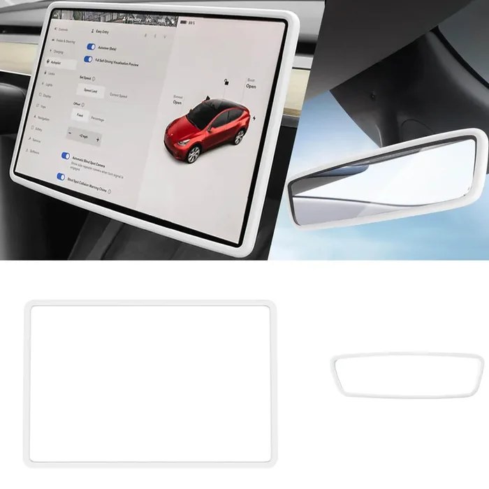 Yeapop 2Pcs Silicone Protector Frames Of Screen And Rear View Mirror For Tesla Model 3 2017-2023 And Model Y 2019-Feb.2025. (White)