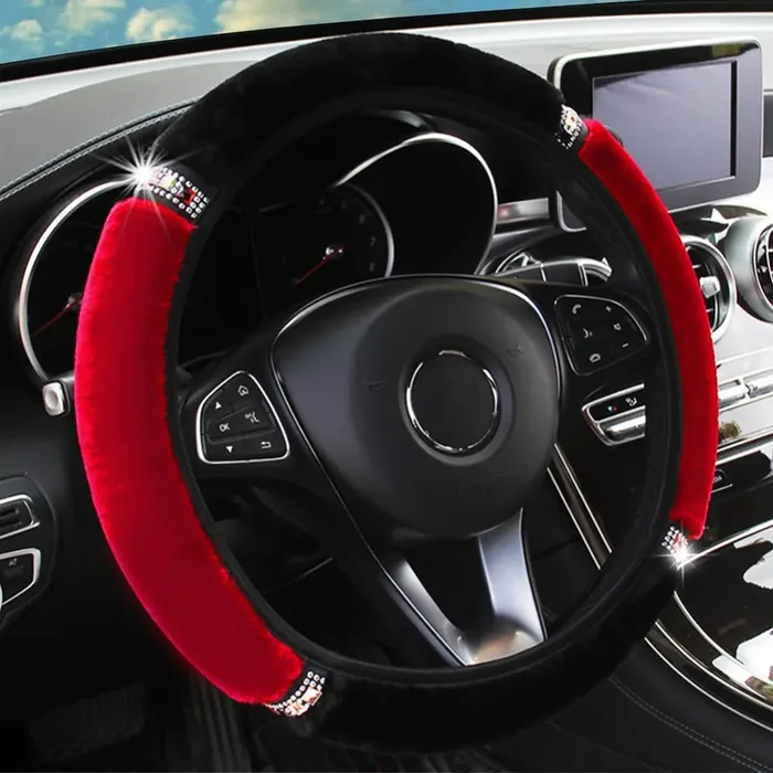 Ysfkj Diamond Fluffy Steering Wheel Cover With Sparkly Crystal Rhinestones, Universal 15 Inch Car Elastic Steering Wheel Protect