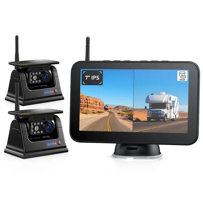 Zeroxclub Magnetic Solar Wireless Backup Camera Hd 1080P 7‘‘ Dvr Monitor, Dual Rv Cameras Wireless System For Hitch Towing Trave